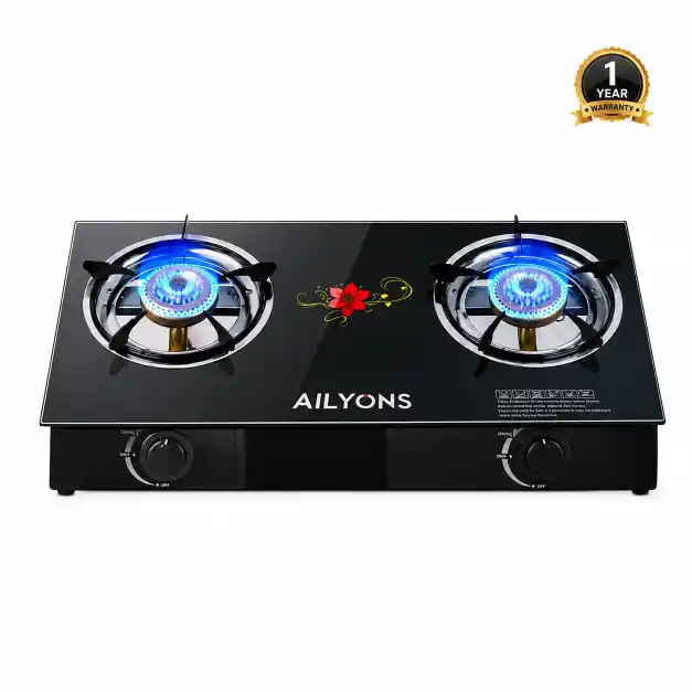 AILYONS 2-Burner Glass Top Gas Cooker, Auto Ignition, Energy Saving (1 Year Warranty)